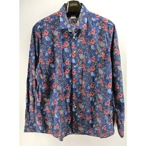 Xacus Size 17.5 44 Evolution Fit Long Sleeve Button Up Blue Pink Floral Print